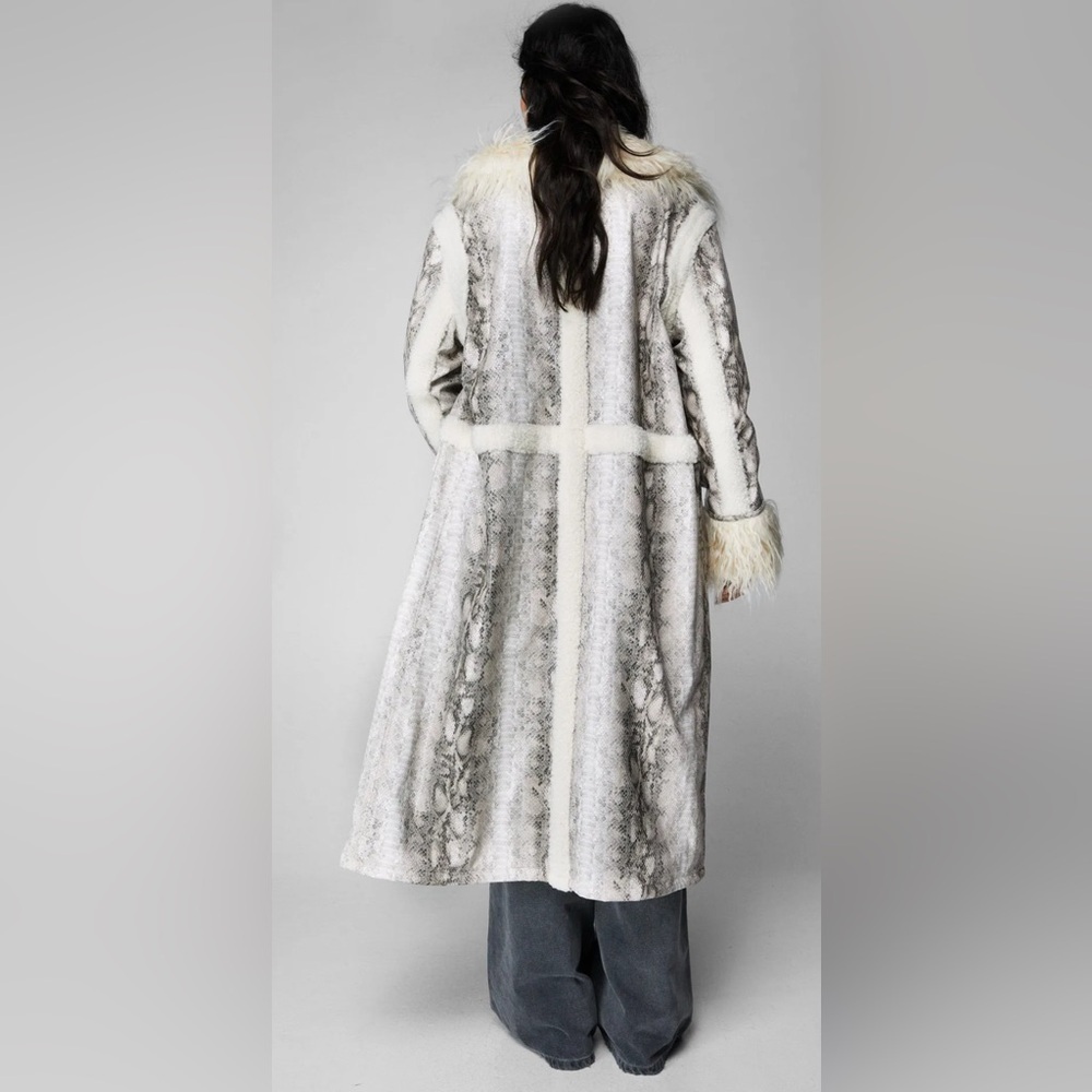 Nasty Gal Womens Snake Print Shearling Trim Longline Aviator Coat - Picture 3 of 12